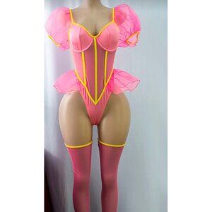 Pink Sheer Puff Sleeve Bodysuit*Thigh High Stockings*Cosplay*Sissy*Femboy*L*NIP